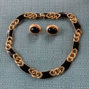 Napier Goldtone and Black Enamel Necklace and Earrimgs